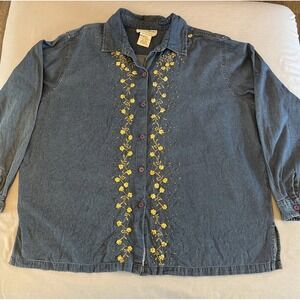 Vintage Delta Burke 90's Womens 2X Blue Denim Embroidered Floral Button Up Shirt